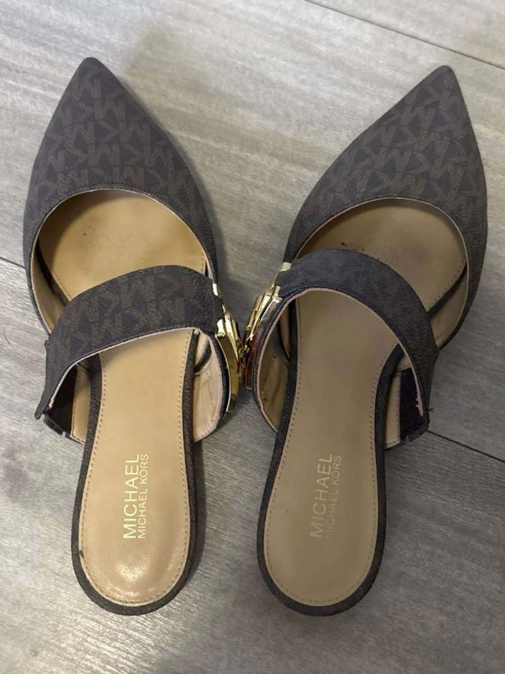 Michael Kors Dark Brown Logo Pointed Toe Slip-On Mules
